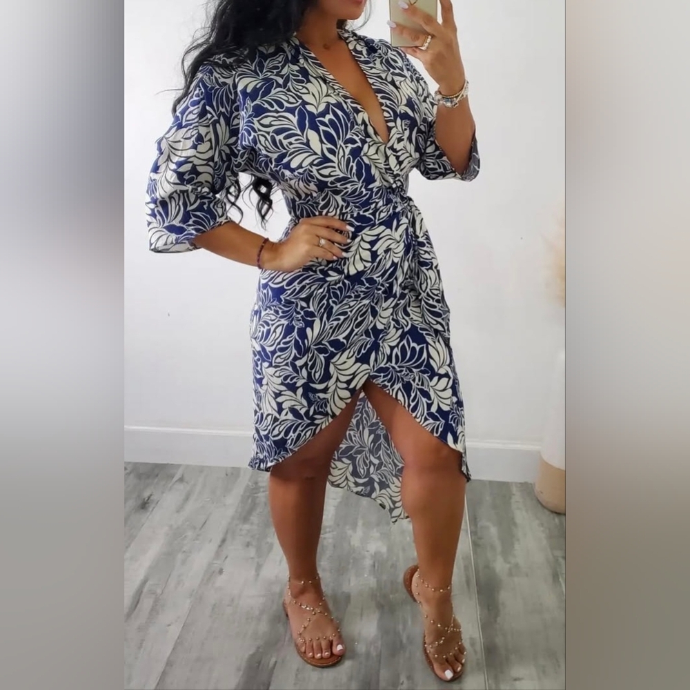 Elegant Blue and White Floral Wrap Dress